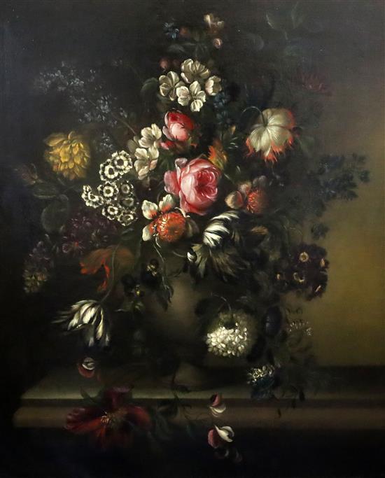 Follower of Jean-Baptiste Monnoyer (1634-1699) Still life of flowers in a vase, upon a ledge, 29 x 24.5in.